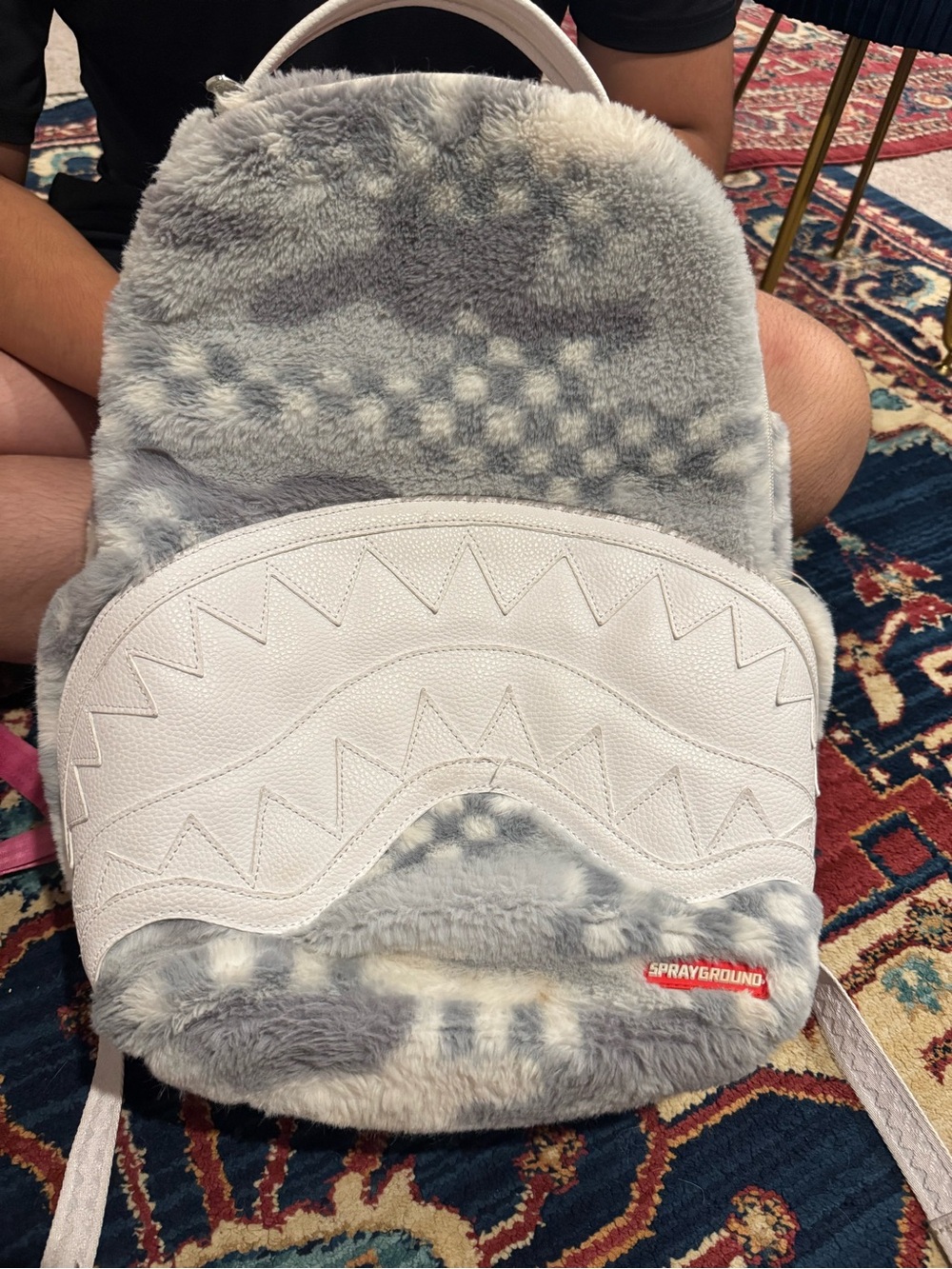 Sprayground Gray & White Fuzzy Shark-Front Backpack